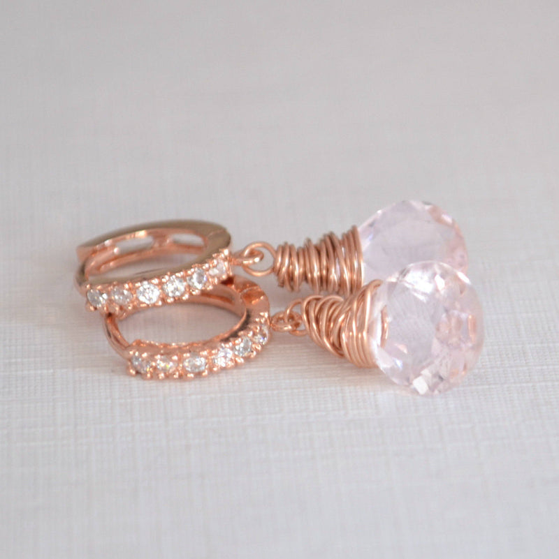 Rose Gold Huggie Earrings with Morganite Quartz - Pink Ice