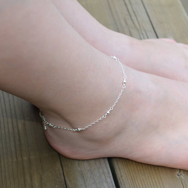 Sterling Silver Beaded Anklet for Teens