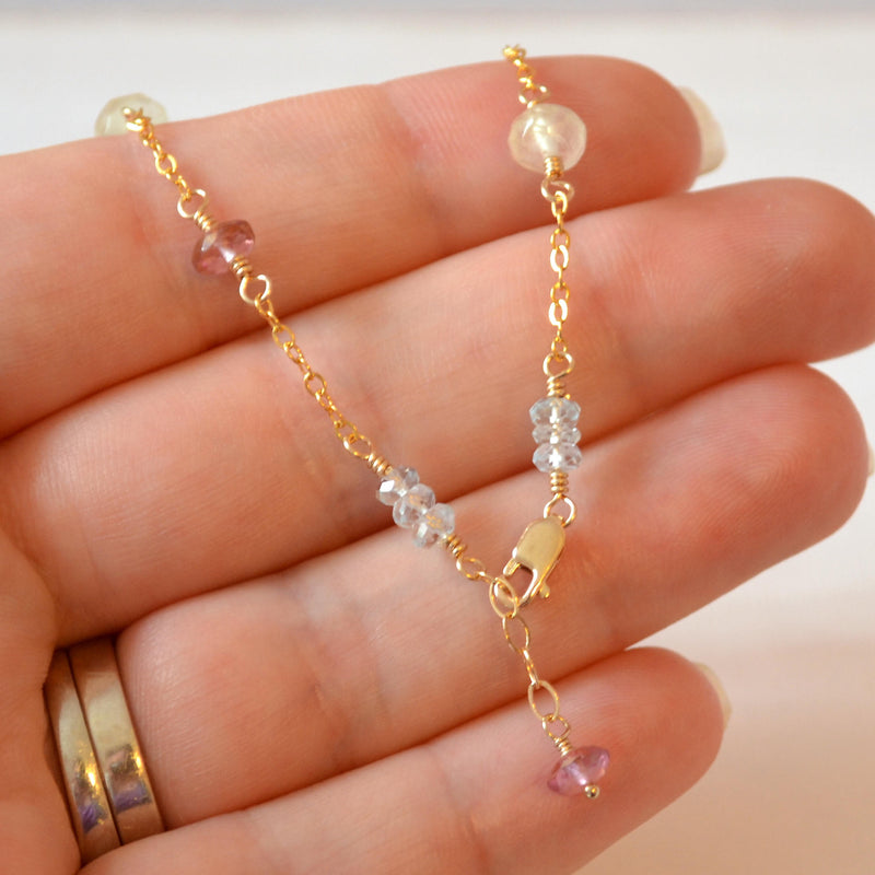 Gemstone Anklet, Blue and Pink Topaz, and Prehnite