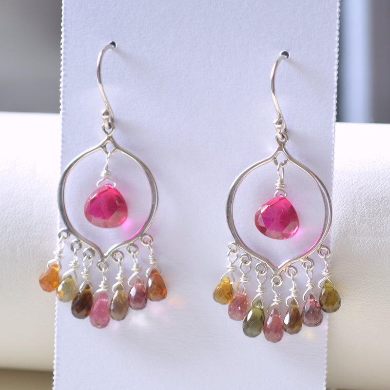 Chandelier Earrings with Real Tourmaline, and Bright Hot Pink Quartz