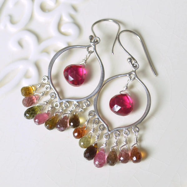 Chandelier Earrings with Real Tourmaline, and Bright Hot Pink Quartz ...