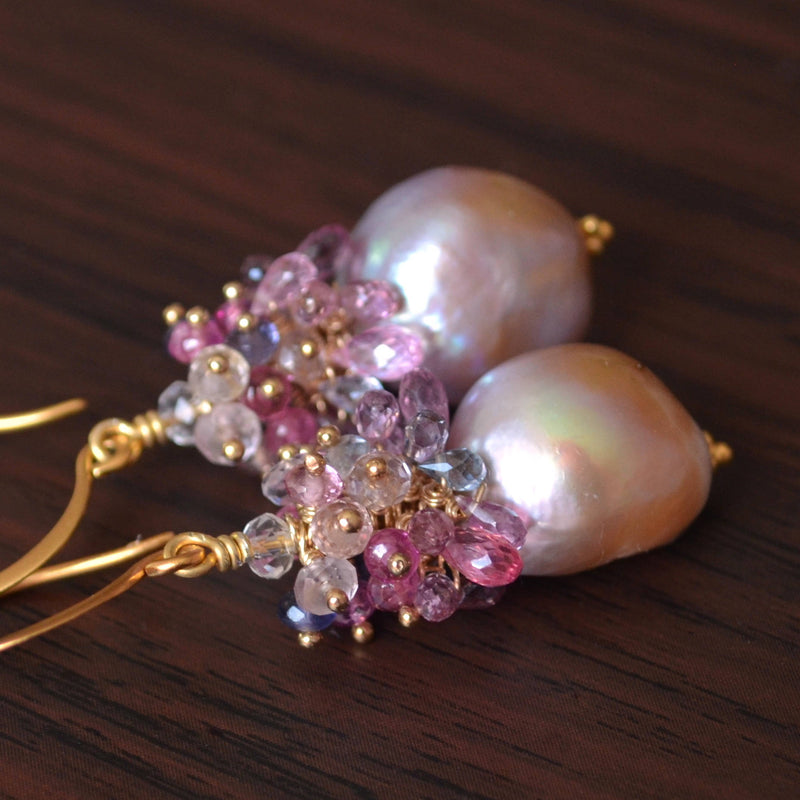 Gemstone Earrings with Spinel Clusters and Lavender Baroque Freshwater Pearls