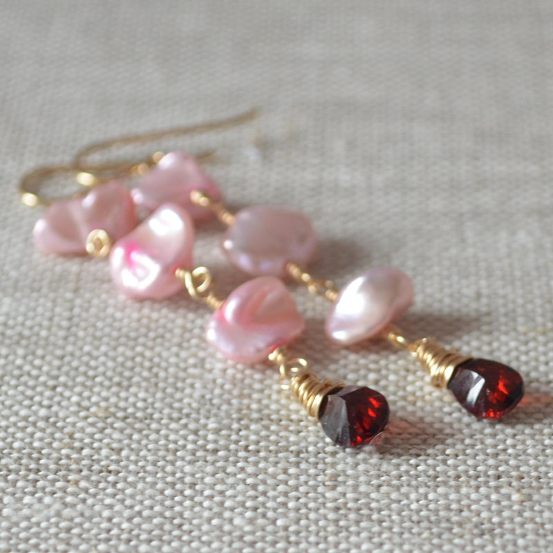 Pink Pearl and Garnet Earrings for Valentine's Day - Long Romance