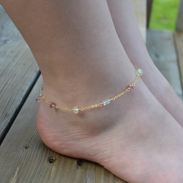 Gemstone Anklet, Blue and Pink Topaz, and Prehnite