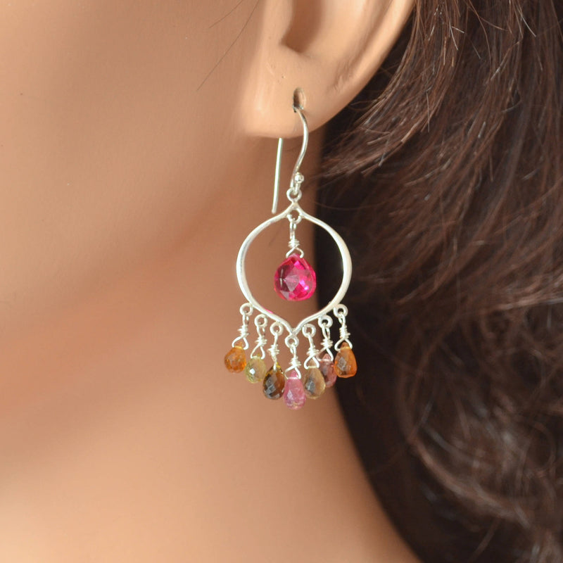 Chandelier Earrings with Real Tourmaline, and Bright Hot Pink Quartz
