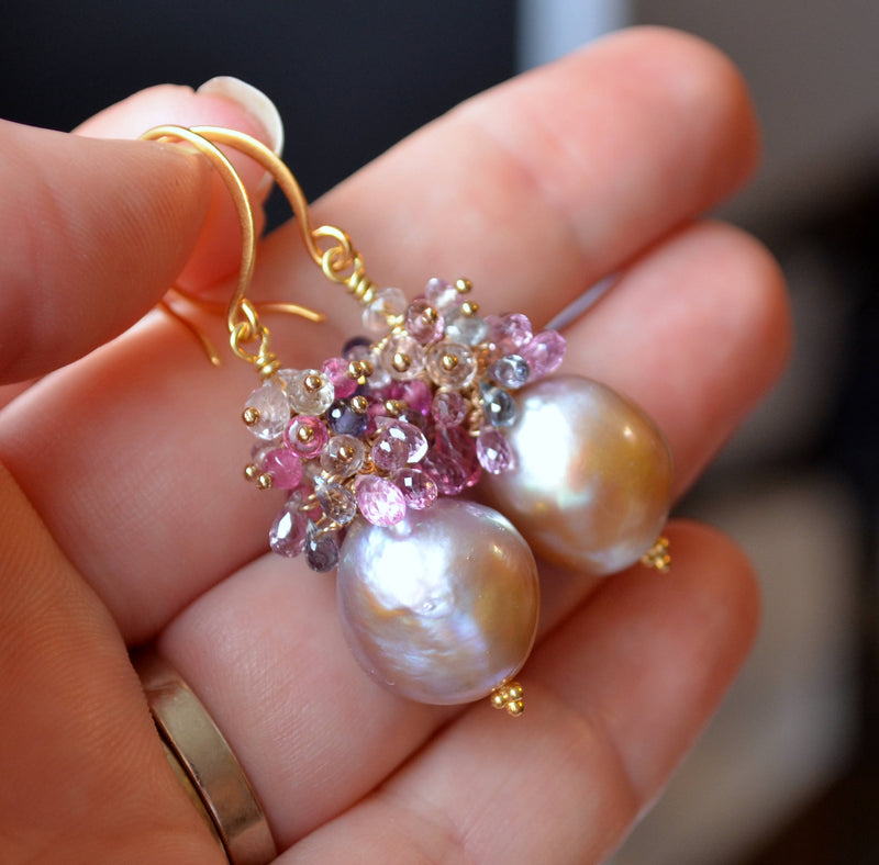 Gemstone Earrings with Spinel Clusters and Lavender Baroque Freshwater Pearls