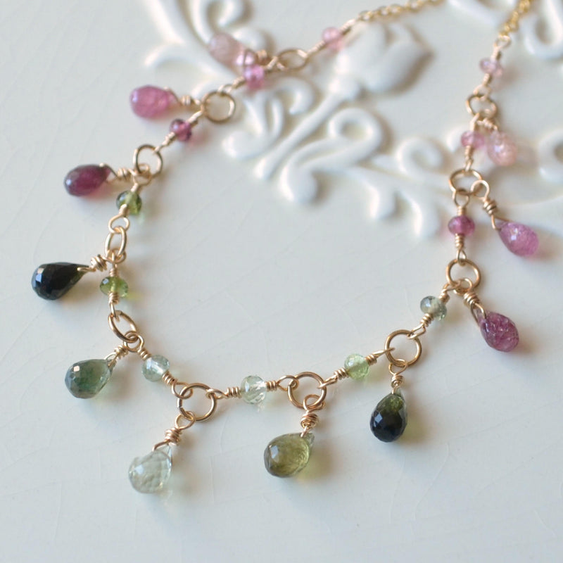 Real Tourmaline Necklace, Pink and Green Gemstone Drops – Made by Liv