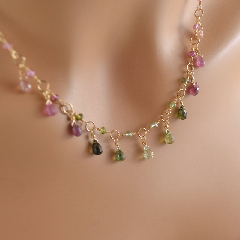 Real Tourmaline Necklace, Pink and Green Gemstone Drops