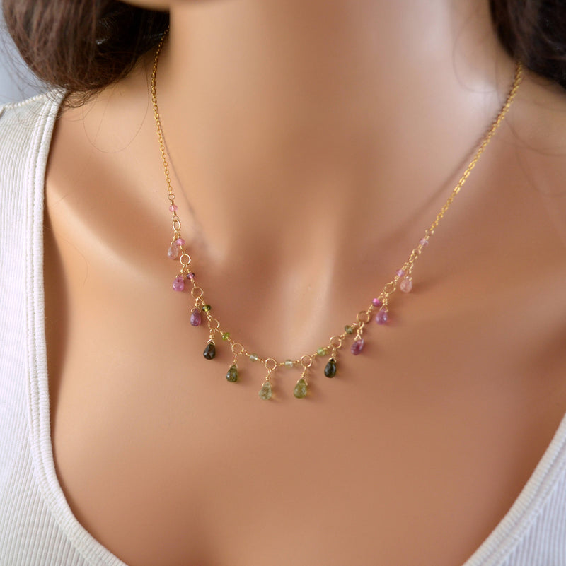Real Tourmaline Necklace, Pink and Green Gemstone Drops