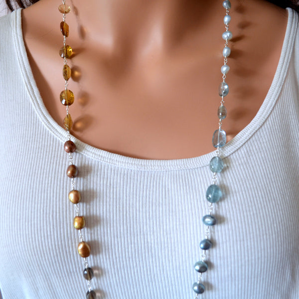 Long Gemstone Necklace with Moss Aquamarine and Freshwater Pearl - Changing Sands