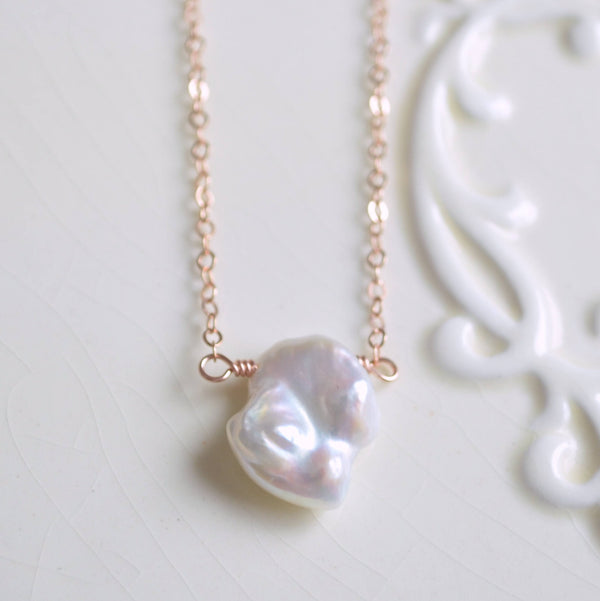 White Keishi Pearl Necklace, Rose Gold