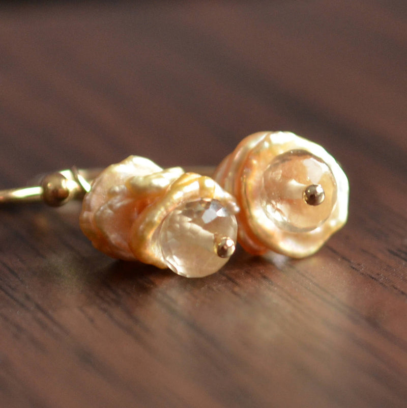 Petite Champagne Pearl Earrings with Citrine Gemstones