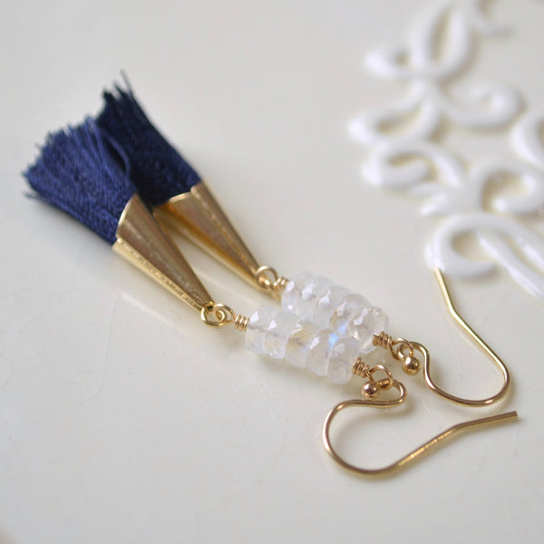 Navy Tassel Earrings and Real Moonstone Stacks