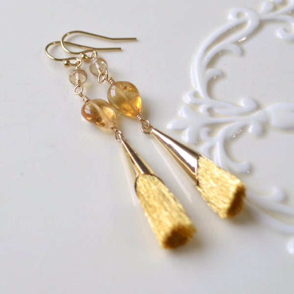 Long Gold Tassel Earrings and Real Champagne Citrine
