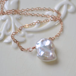 White Keishi Pearl Necklace, Rose Gold