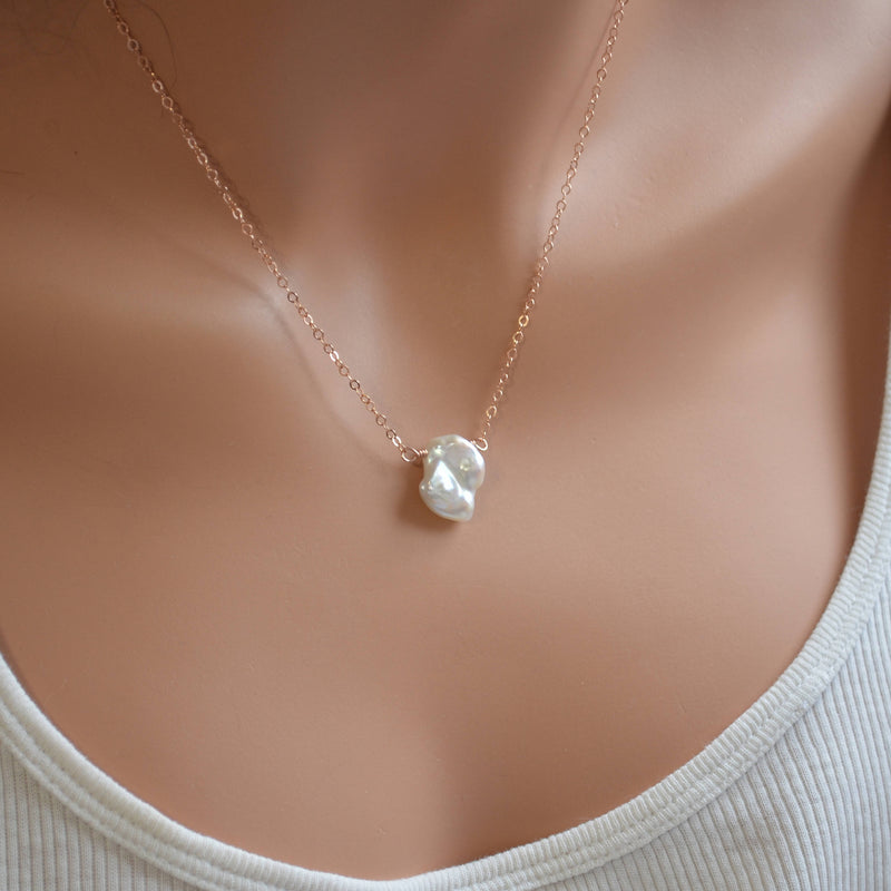 White Keishi Pearl Necklace, Rose Gold