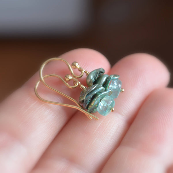 Apatite Earrings with Aqua Gemstone and Sage Green Keshi Keishi Pearls