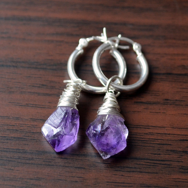 Sterling Silver Hoops with Raw Amethyst Stones