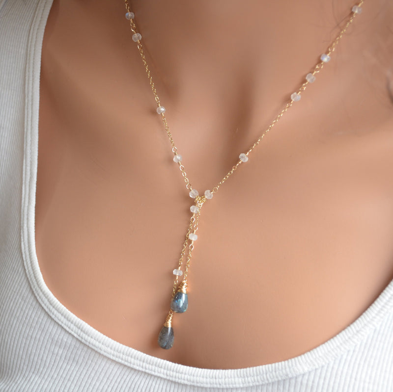 Lariat Necklace with Rainbow Moonstone and Labradorite