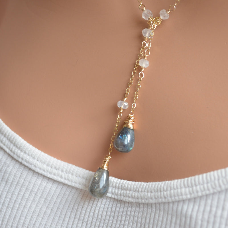Lariat Necklace with Rainbow Moonstone and Labradorite