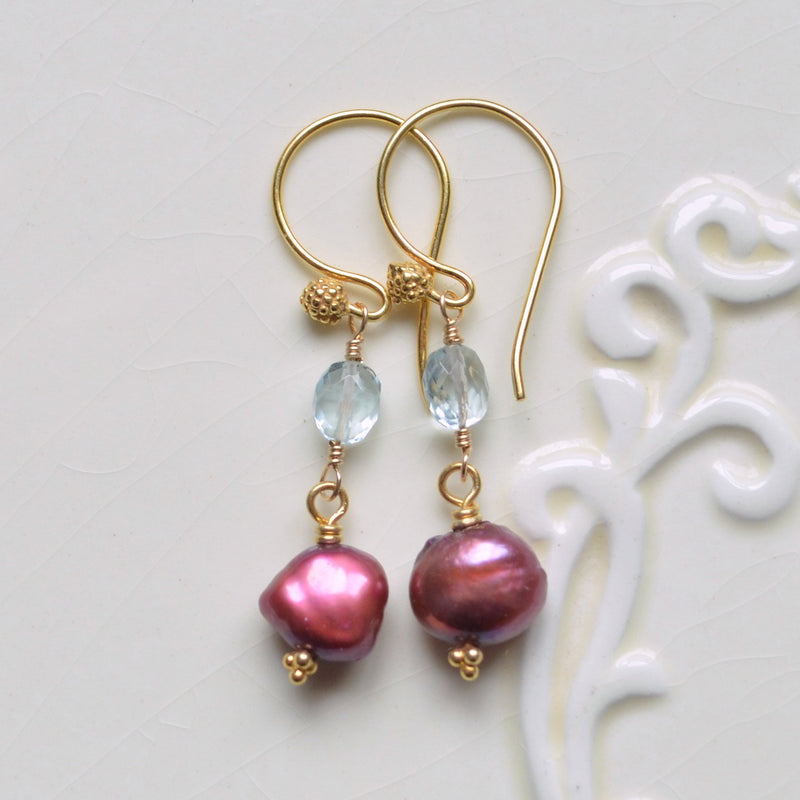 Aquamarine Earrings with Burgundy Freshwater Pearl
