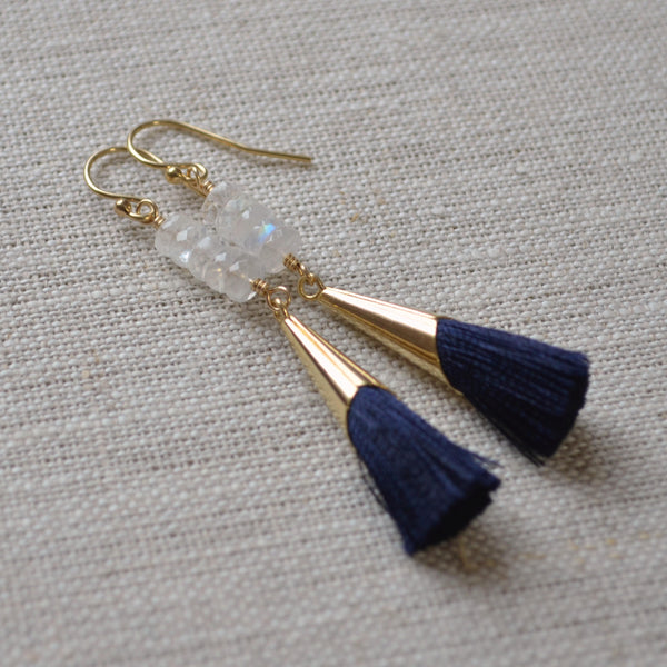 Navy Tassel Earrings and Real Moonstone Stacks