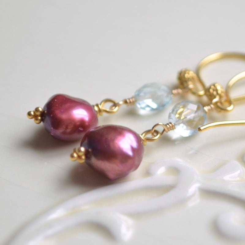 Aquamarine Earrings with Burgundy Freshwater Pearl