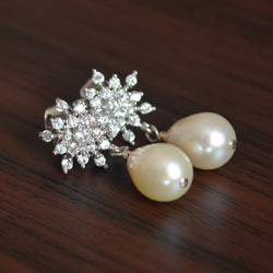 Real Pearl Wedding Earrings with Sparkly Snowflake Posts - Snowdrops