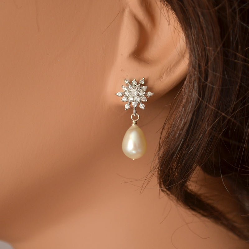 Real Pearl Wedding Earrings with Sparkly Snowflake Posts - Snowdrops
