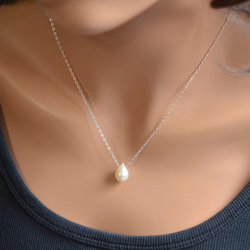 White Teardrop Floating Pearl Necklace