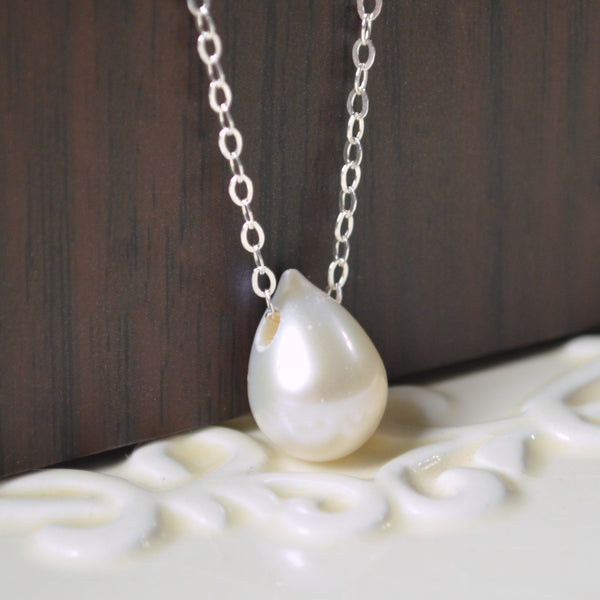 White Teardrop Floating Pearl Necklace