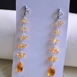 Long Cluster Earrings with Orange and Yellow Quartz Gemstones