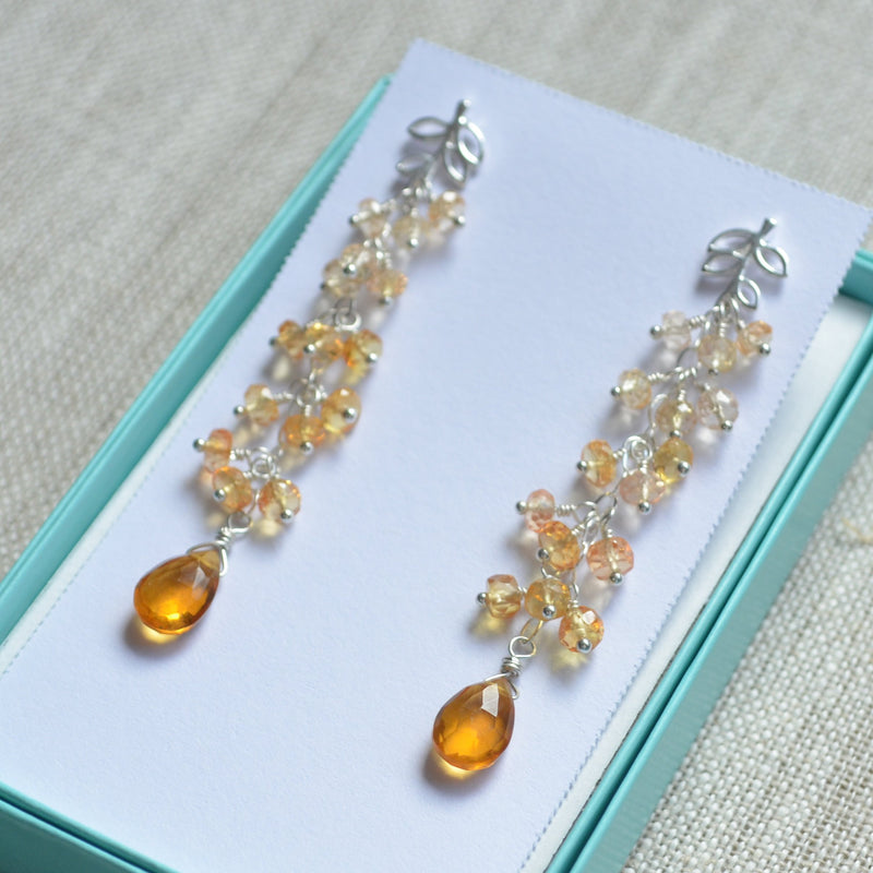 Long Cluster Earrings with Orange and Yellow Quartz Gemstones