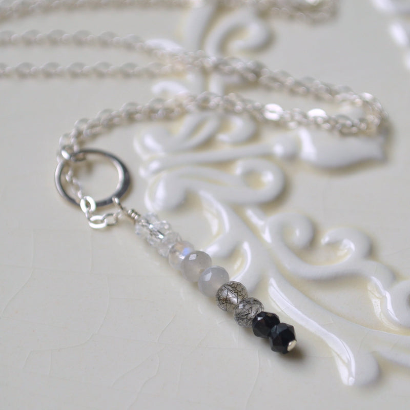 Simple Lariat Necklace, Grey and Black Gemstones