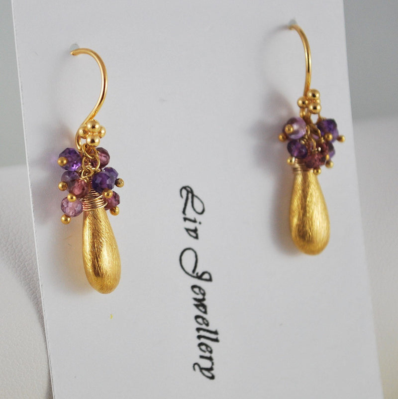 Gold Earrings with Rhodolite Garnet and Amethyst