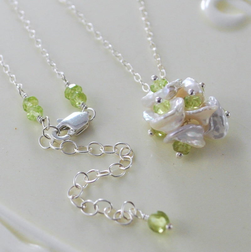 Real Peridot Necklace with Pearl Flower Blossom