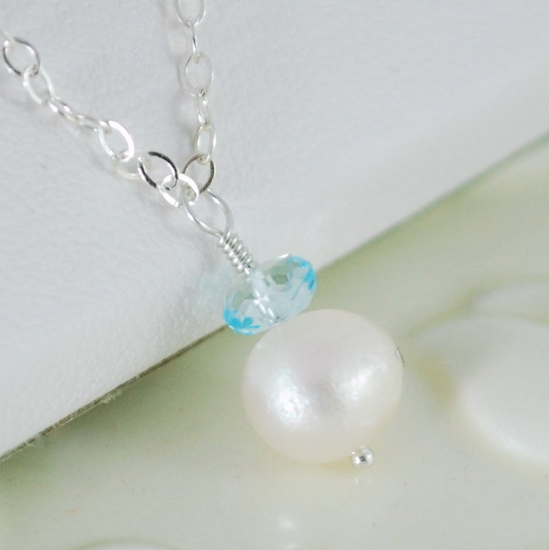 Blue Topaz and Pearl Necklace for Child in Sterling Silver