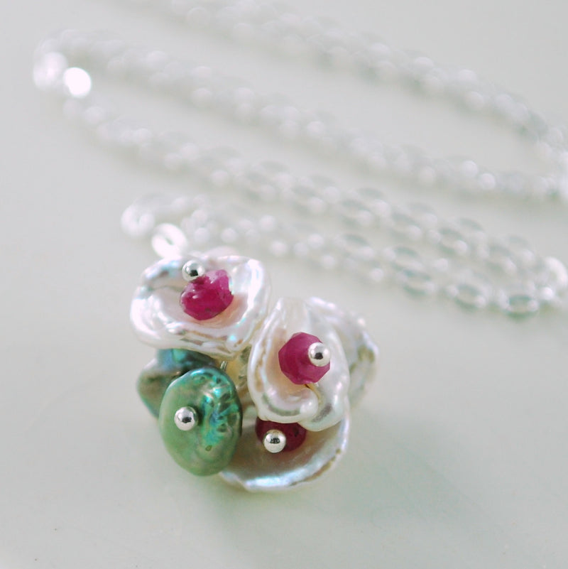 Real Ruby Necklace with Pearl Flower Blossom