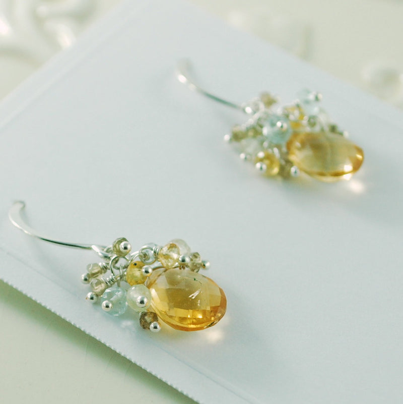 Citrine Earrings with Genuine Sapphires and Prehnite Aquamarine Gemstone