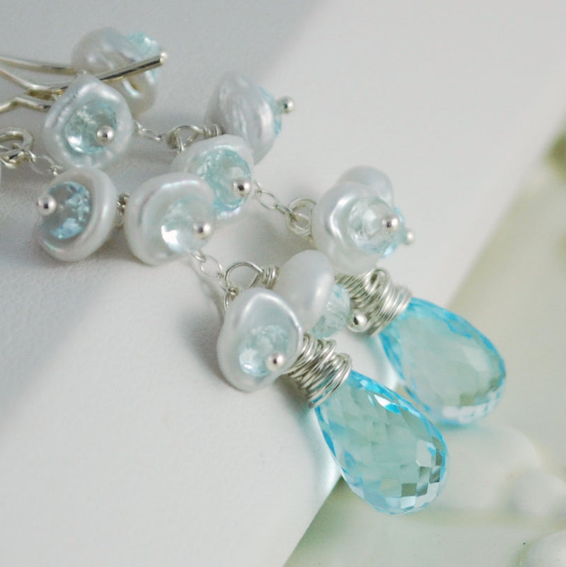 Blue Topaz Bridal Earrings with Pearls - Snowy Sky