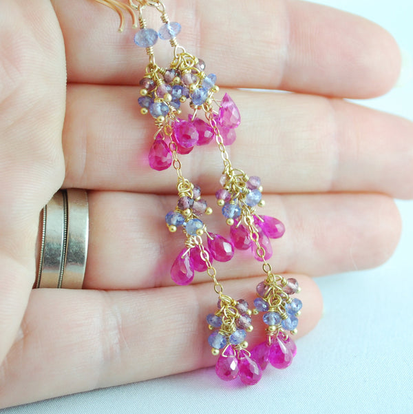 Hot Pink Gemstone Earrings with Tanzanite and Spinel - Sweet Peas