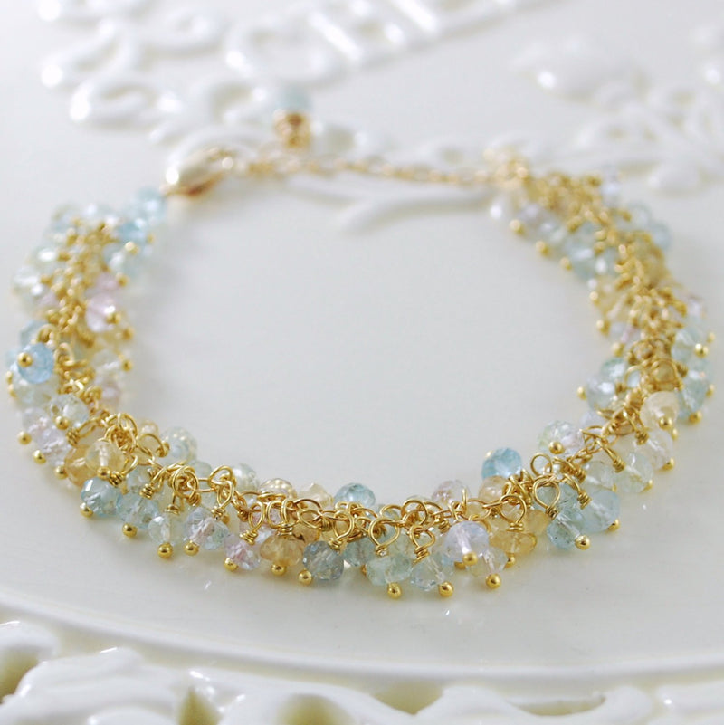 Pastel Blue Aquamarine Cluster Bracelet in Gold or Silver - Forget Me Not