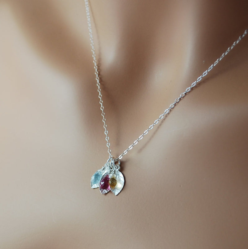 Family Necklace with Leaf Charms and Birthstones