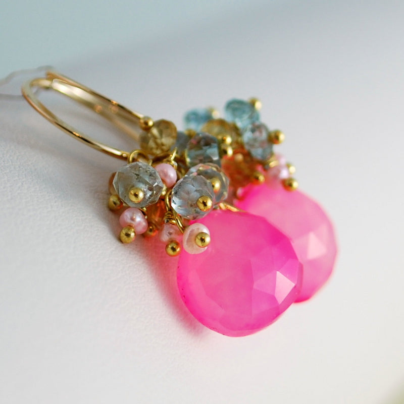 Bright Pink Earrings with Aquamarine and Citrine - Cotton Candy