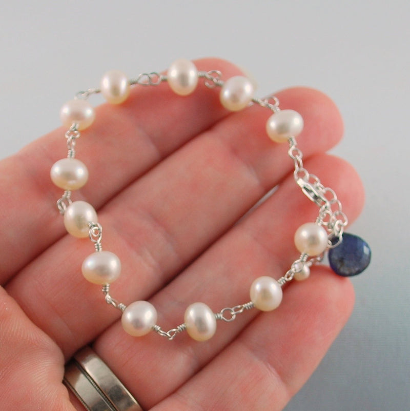 White Pearl Bracelet with Iolite Gemstone