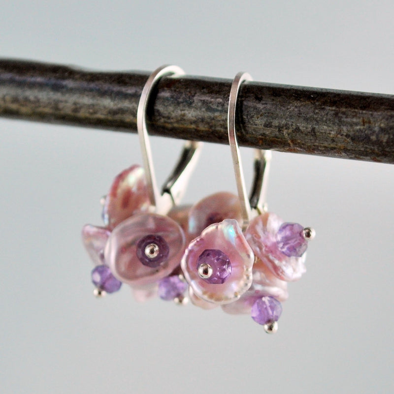 Lavender Pearl Flower Blossom Earrings for Child