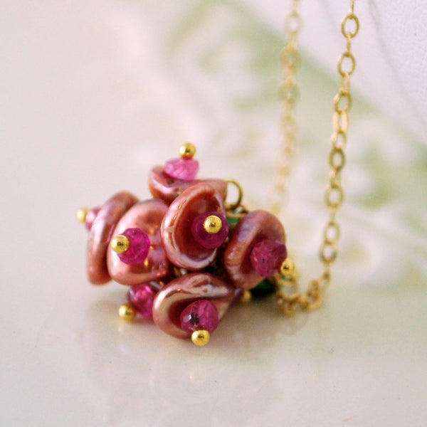Rose Pink Keshi Keishi Pearl Necklace, Genuine Ruby Gemstone