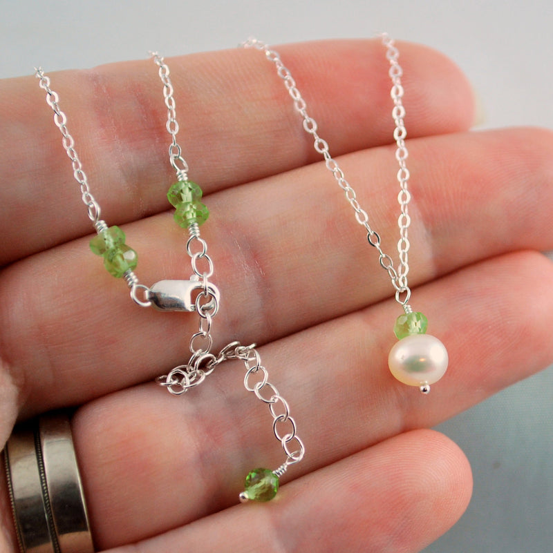 Peridot and Pearl Drop Necklace for Girls
