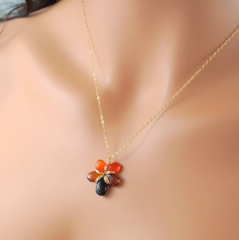 Autumn Gemstone Necklace with Carnelian Hessonite Garnet Smoky Quartz