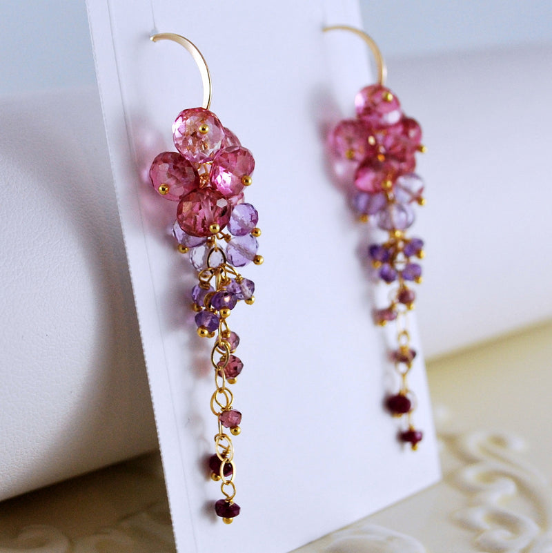 Pink Topaz Cluster Earrings with Amethysts and Rubies - Trailing Rose